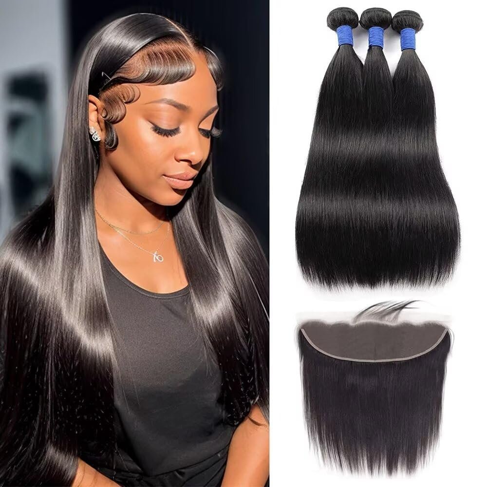 10A Straight Bundles with Frontal 26 28 30 with 20 Inch Human Hair Bundles with Closure 100% Unprocessed Brazilian Virgin Human Hair Weave 3 Bundles with Frontal HD Lace