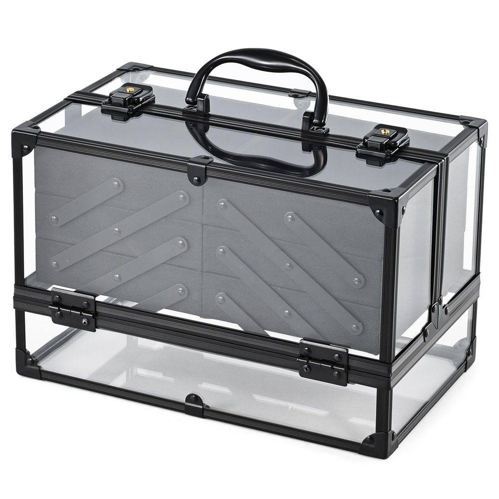 FRENESSA Portable Makeup Case Cosmetics Display Cases Toiletry Organizer Box Transparent Acrylic Artists Train Case with 6 Trays Travel Makeup Tools Storage for Vanity Counter Dresser Organizer Black