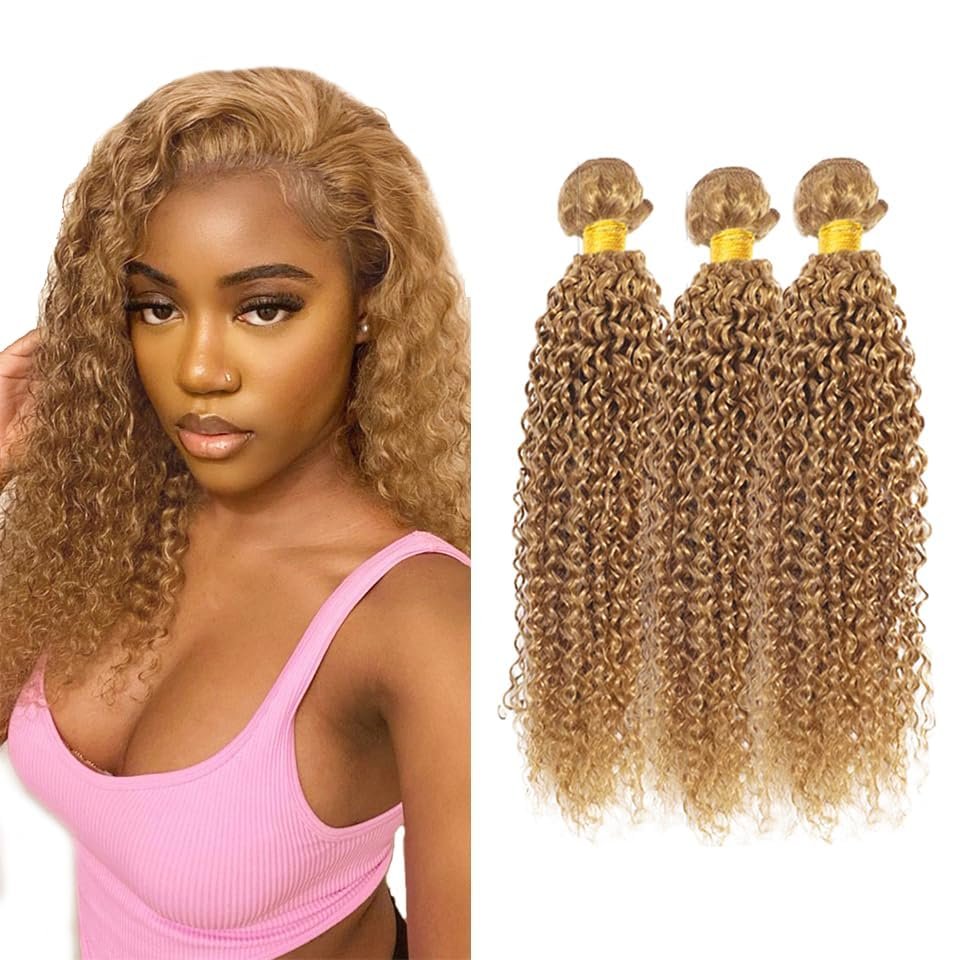 Cklikeb Human Hair Bundles 27# Color Jerry Curly Bundles Unprocessed Brazilian Virgin Human Hair 10 12 14 Inch 3 Bundles Quick Weave Human Hair Extensions 300g (27# Jerry Curly, 10 12 14)