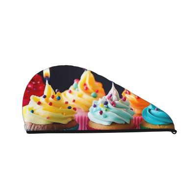 Colorful Happy Birthday Cupcakes Hair Drying Cap Coral Velvet Hair Towel Wrap with Button Quick Dry Hair Cap for Women Soft Absorbent Hair Turban Hair Drying Towel for Wet Hair Long Thick Hair
