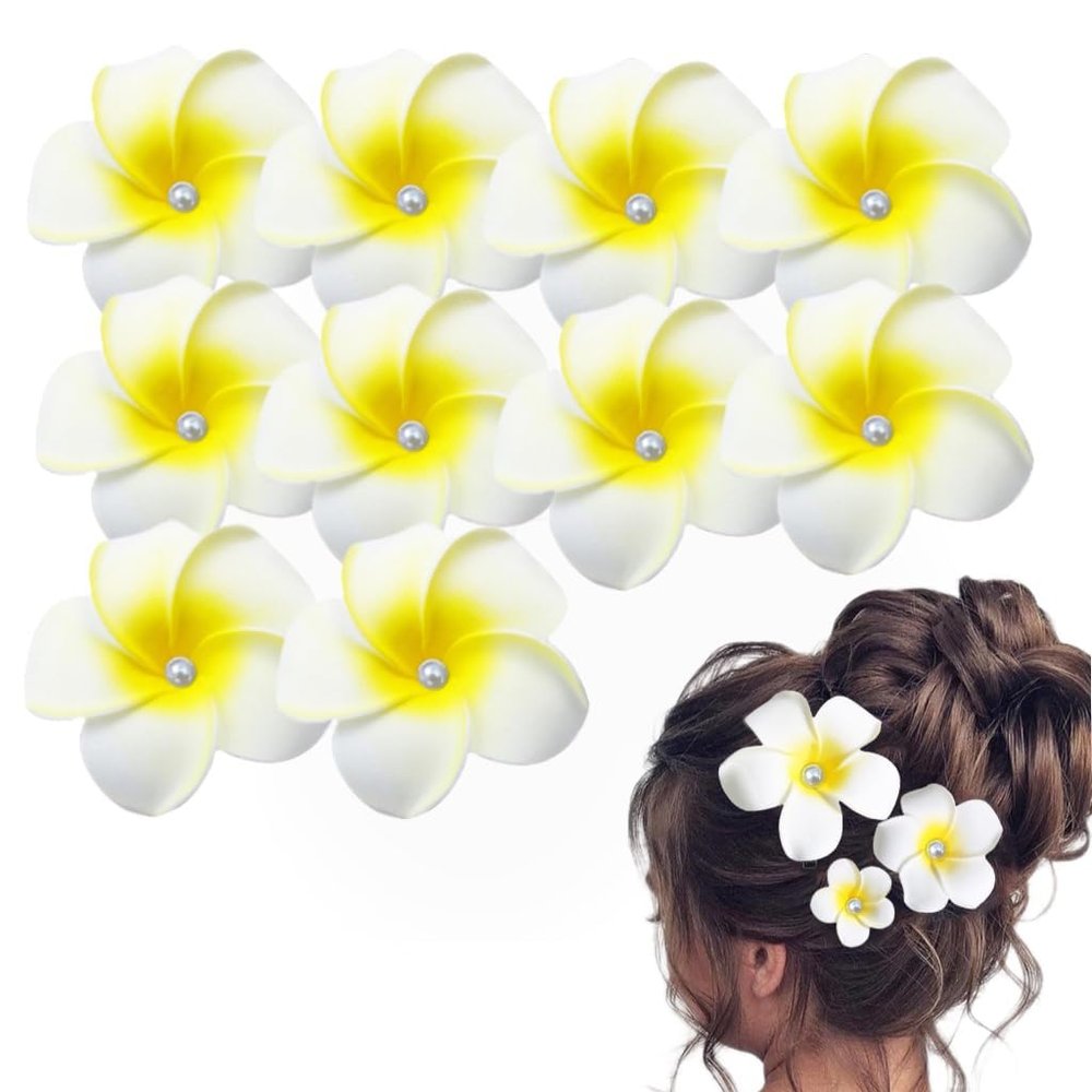 10 Pcs 5cm White Pearl Hawaii Plumeria Flower Clips Hawaiian Hair Barrettes Beach Party Hair Clips Artificial Tropical Flower Hairpins for Wedding, Hair Clips