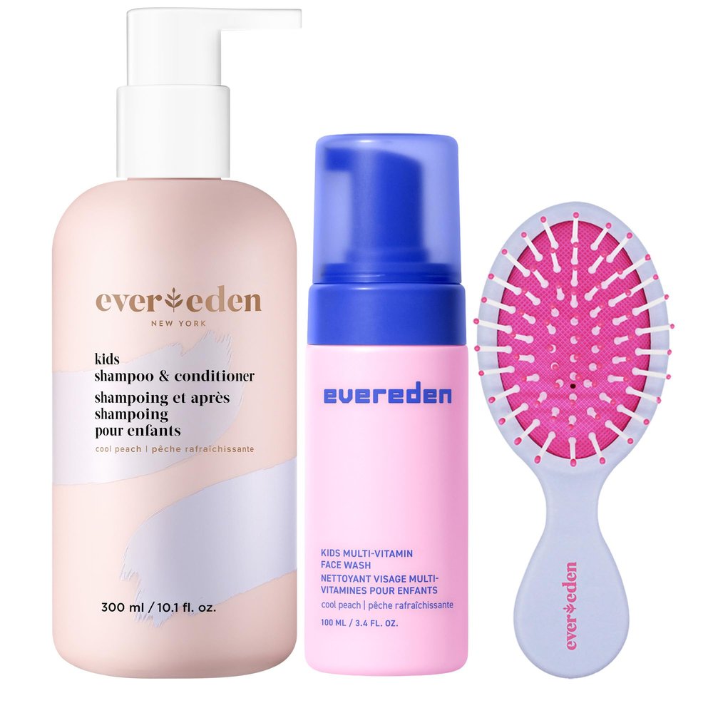 Evereden Kids Hair & Skin Care Set: Kids 2 in 1 Shampoo and Conditioner, Face Wash, and Detangling Hair Brush | Gentle, Clean and Non-Toxic | Cool Peach Scent