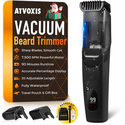 ATVOXIS Vacuum Beard Trimmer for Men Rechargeable, IPX6 Waterproof Mustache Trimmer with Adjustable Length Combs (1/25-4/5), Mens Electric Stubble Trimmer, Cordless with Built-in Vacuum (Black)