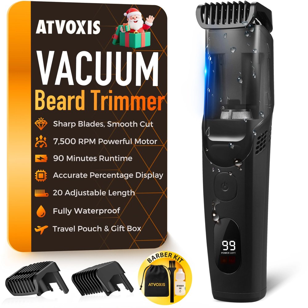 ATVOXIS Vacuum Beard Trimmer for Men Rechargeable, IPX6 Waterproof Mustache Trimmer with Adjustable Length Combs (1/25-4/5), Mens Electric Stubble Trimmer, Cordless with Built-in Vacuum (Black)