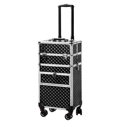 3 in 1 Rolling Makeup Train Case Cosmetic Train Case, Professional Makeup Case Cosmetic Trolley Large Storage Salon Barber Case Traveling Cart Trunk for Make Up Hairstylists Nail Tech
