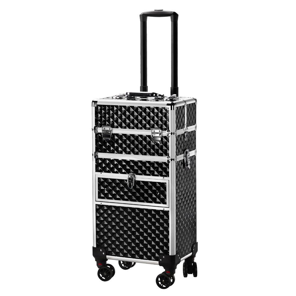 3 in 1 Rolling Makeup Train Case Cosmetic Train Case, Professional Makeup Case Cosmetic Trolley Large Storage Salon Barber Case Traveling Cart Trunk for Make Up Hairstylists Nail Tech