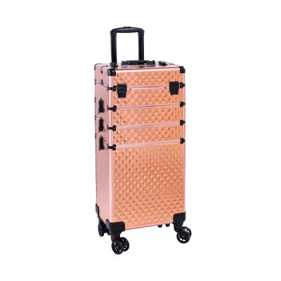 4 in 1 Rolling Makeup Train Case Cosmetic Train Case, Professional Makeup Case Cosmetic Trolley Large Storage Salon Barber Case Traveling Cart Trunk for Make Up Hairstylists Nail Tech