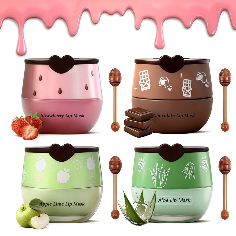 4PCS Bee Lip Balm Honey Pot, Fruit Moisturizing Propolis Lip Mask, Lip Mask Overnight Propolis Moisturizing Lip Balm Hydrating Prevention Dry and Crack Lip Scrubs Exfoliator Lip Care Products