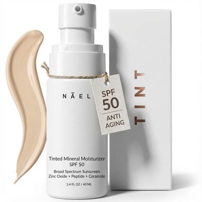 NAELI Anti Aging Tinted Moisturizer SPF 50, Mineral Sunscreen for Face with Zinc Oxide, Peptides & Ceramides, Natural Hydrating Light Tint - 1.4 oz