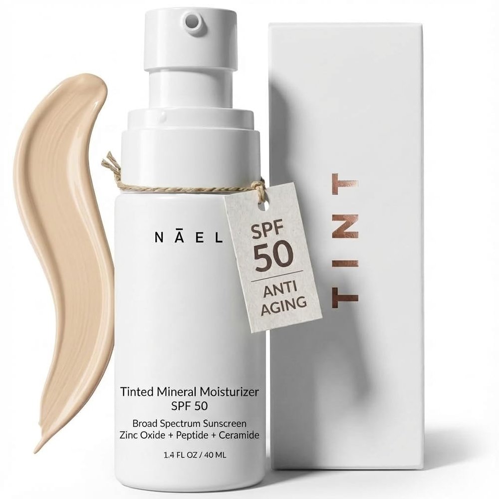NAELI Anti Aging Tinted Moisturizer SPF 50, Mineral Sunscreen for Face with Zinc Oxide, Peptides & Ceramides, Natural Hydrating Light Tint - 1.4 oz