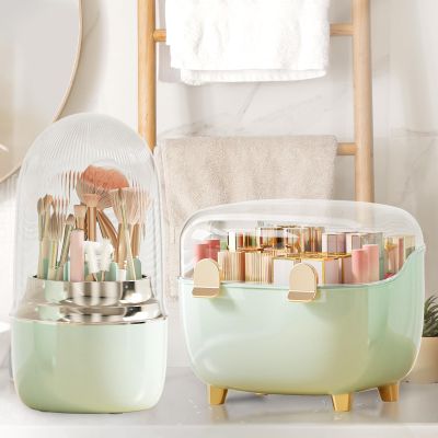 Anylady Makeup Brush Holder 360 Rotating, [Upgrade & with Cover] Makeup Brush Organizer for Vanity Countertop Bathroom (Green)