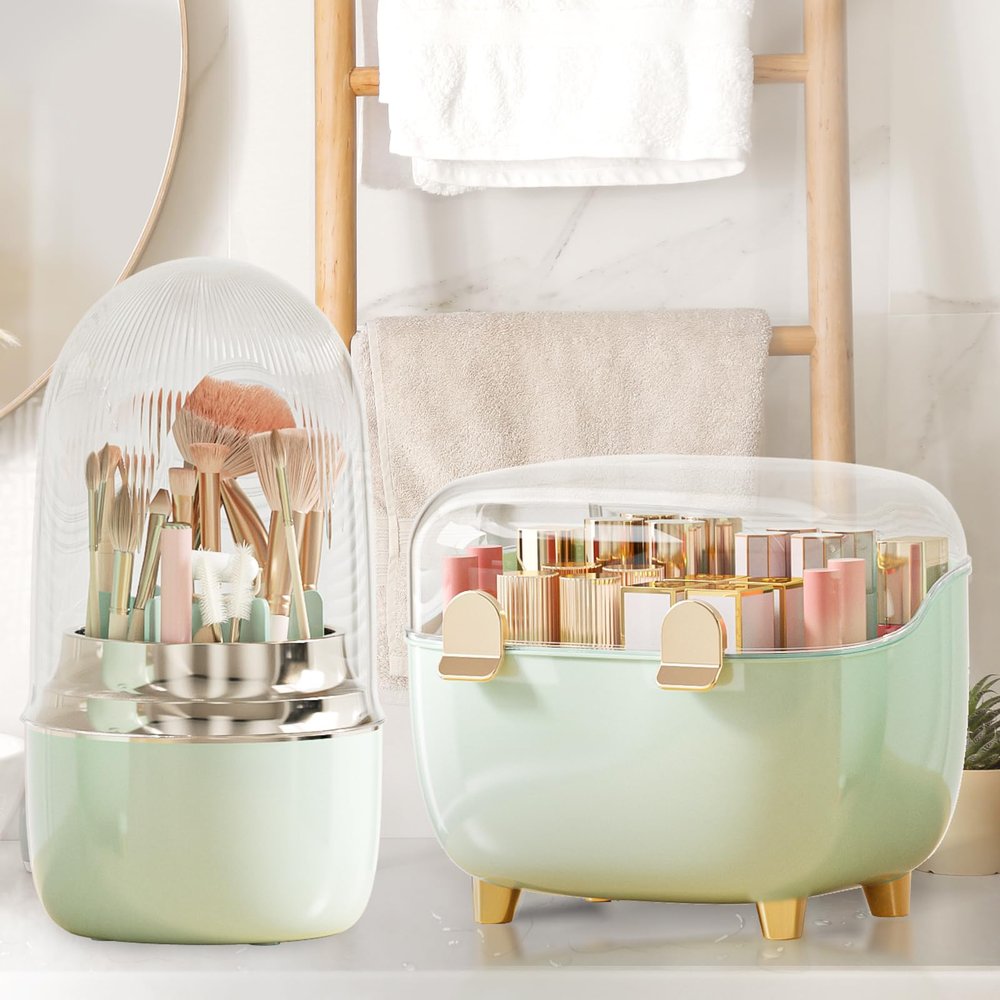 Anylady Makeup Brush Holder 360 Rotating, [Upgrade & with Cover] Makeup Brush Organizer for Vanity Countertop Bathroom (Green)