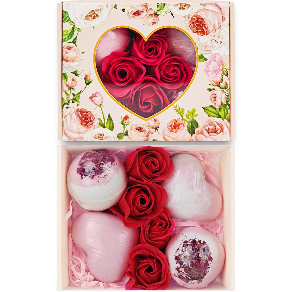 Valentines Bath Bombs Shower Steamers: Handmade Natural Bath Balls with Surprise for Women Gift Set - Relaxing Bubble Bathbombs Scented Rose Hearts Flower Romantic Birthday for Girls Kids Mom