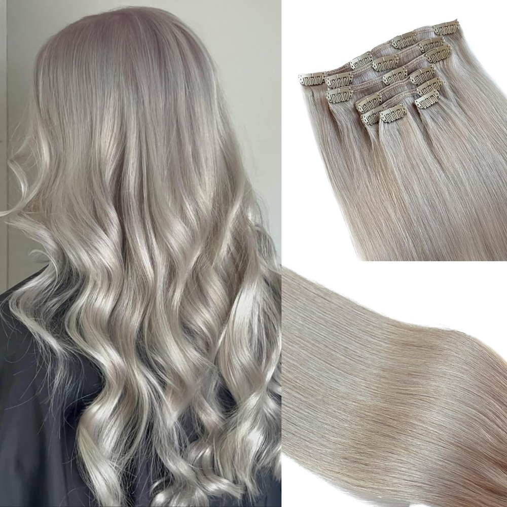 Silver Hair Extensions Clip in, 22 Inch 70G Silver Grey Clip in Extensions 100% Real Human Hair Double Weft Silky Straight Gray Human Hair Clip ins for Women