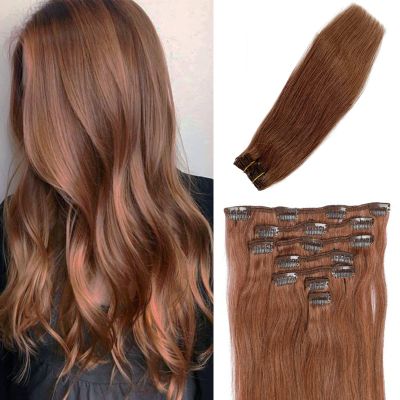 Auburn Clip in Hair Extensions Real Human Hair 20 Inch Fine Straight Colored Auburn Brown Human Hair Extensions Clip in for Full Head