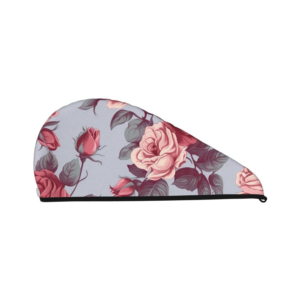 LPTSVBN Red Roses Floral Hair Drying Cap Coral Velvet Hair Towel Wrap with Button Quick Dry Hair Cap for Women Soft Absorbent Hair Turban Hair Drying Towel for Wet Hair Long Thick Hair