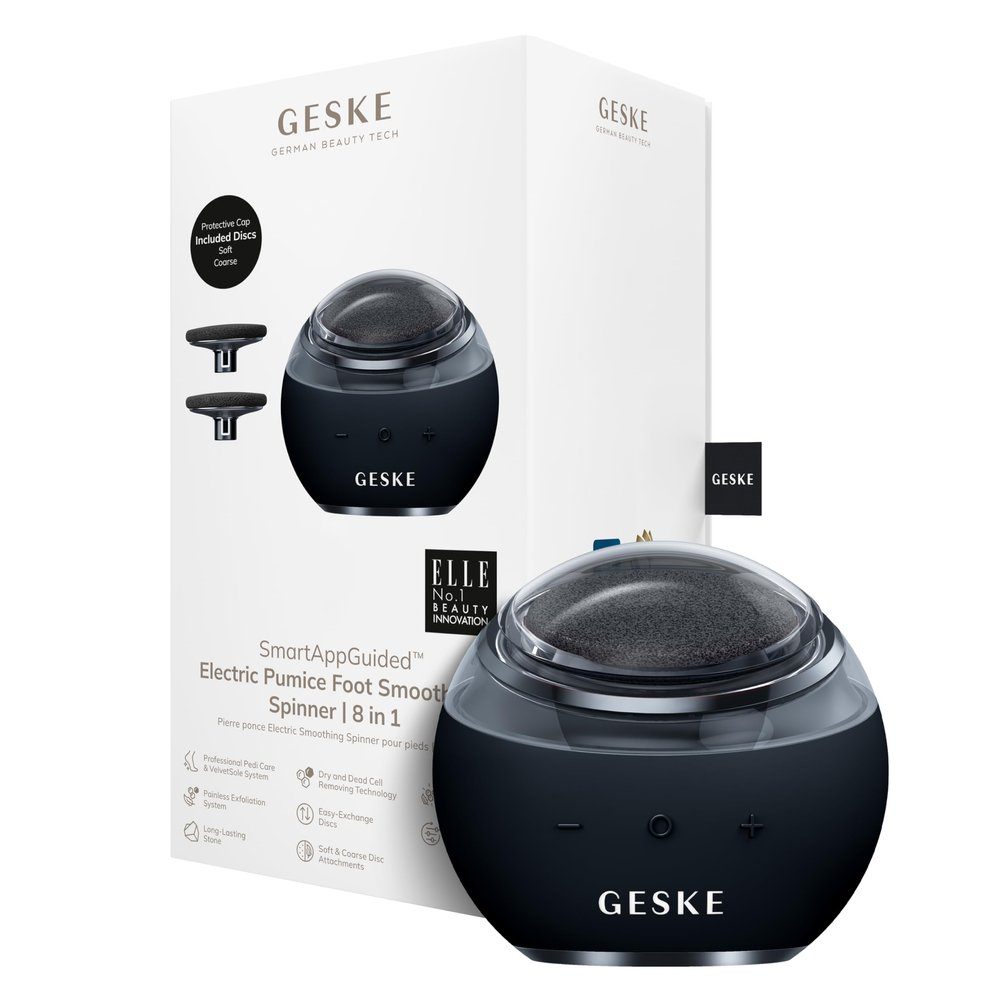 GESKE Electric Pumice Foot Smoothing Spinner | 8 in 1 | Electric Foot File & Exfoliator with Soft & Coarse Attachments | Long-Lasting Pumice Stone | for Smooth Feet & Pedicure | Expert Callus Removal