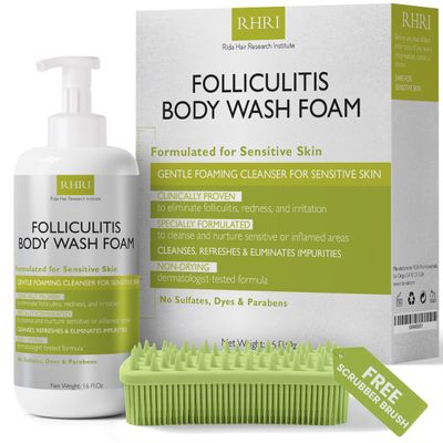 Folliculitis Treatment Folliculitis Body Wash Sensitive Skin | Foaming Cleanser for Redness & Irritation with No Sulfates, Dyes or Parabens | Body Wash Includes Bonus Scrubber Brush