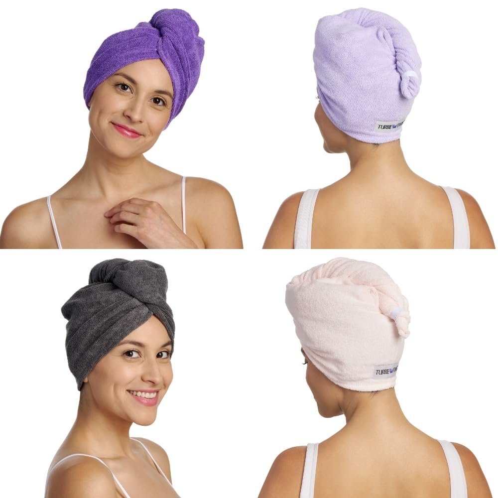 Turbie Twist 4-Pack Microfiber Hair Towel for Beauty, Travel, Gifting - Hair Wrap Turban for Straight, Wavy & Curly Hair - Premium Hair Care (Dark Purple, Light Purple, Grey, Light Pink)