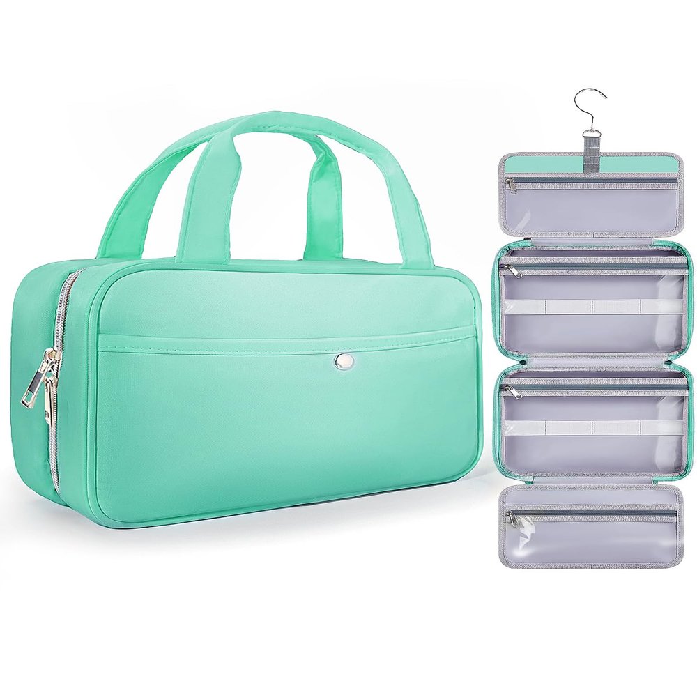 Chakipee Travel Hanging Toiletry Bag for Women - Waterproof Cosmetic Organizer with Clear Window, Lightweight Bathroom Bags for Essentials, Makeup, Shampoo, Toiletries Green, Medium