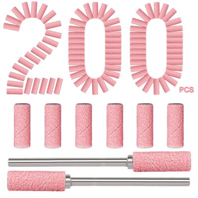 200pcs 180 Grit Small Sanding Bands for Nail Drill with 2pcs 3/32 Upgrade Mandrels Bits, Mini Sanding Bands for Nail Drill for Manicure Nail Salon and Nail Enthusiasts Use, Pink