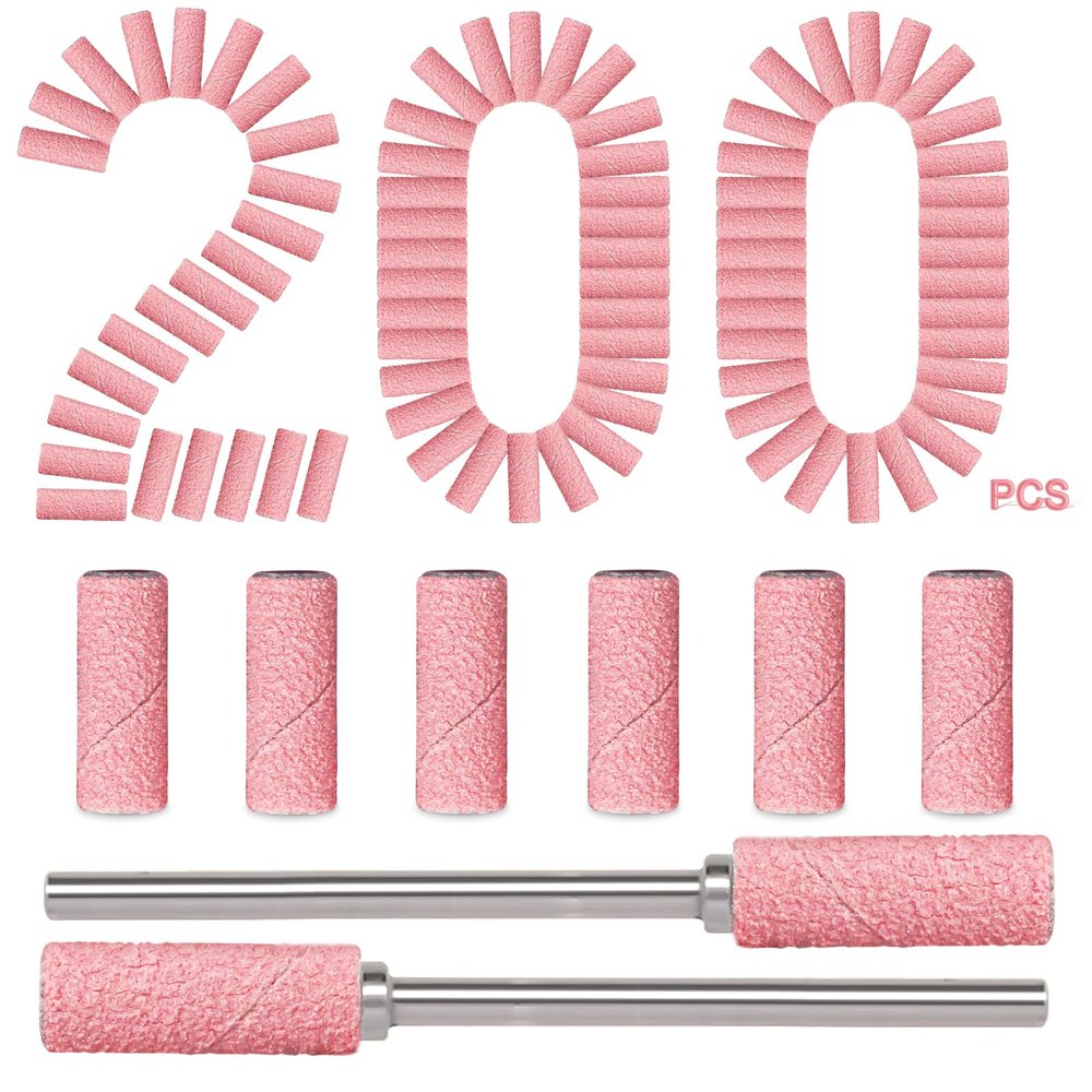 200pcs 180 Grit Small Sanding Bands for Nail Drill with 2pcs 3/32 Upgrade Mandrels Bits, Mini Sanding Bands for Nail Drill for Manicure Nail Salon and Nail Enthusiasts Use, Pink