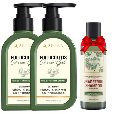 ABERA Folliculitis Shower Gel with Wild Bitter Melon Extract, Reduces Back Acne & Hyperkeratosis, Supports Clearer-Looking Skin & Smooth Texture, 2 Boxes + Gift Hair Regrowth Shampoo
