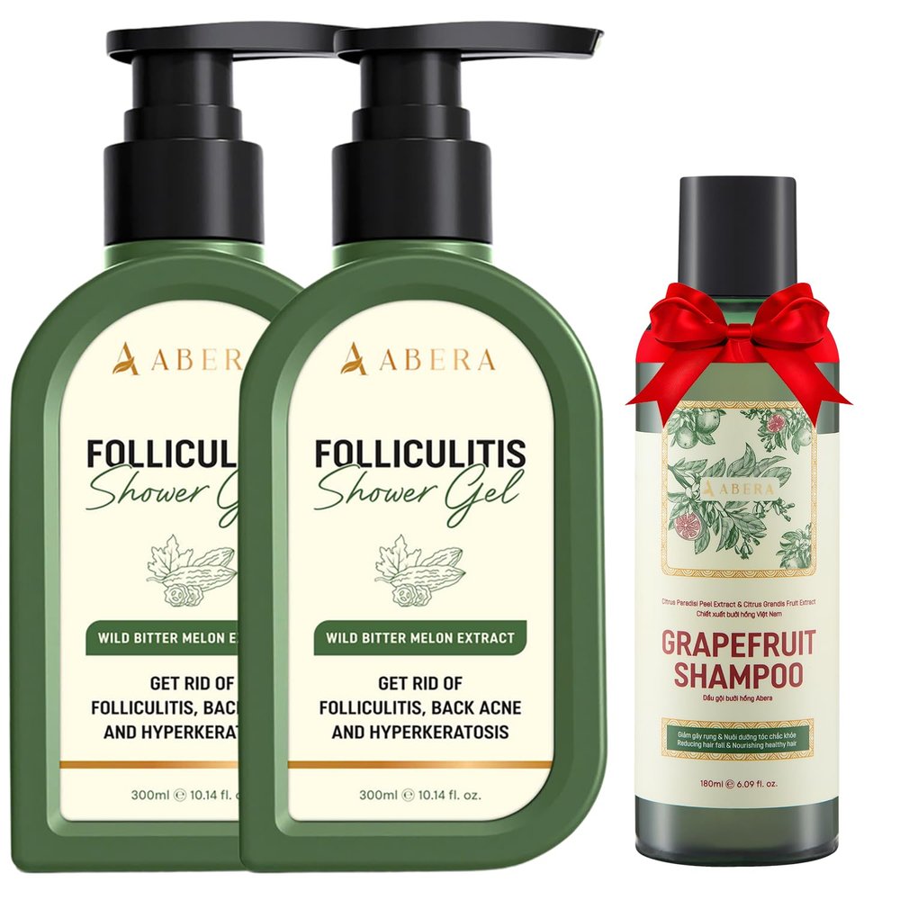 ABERA Folliculitis Shower Gel with Wild Bitter Melon Extract, Reduces Back Acne & Hyperkeratosis, Supports Clearer-Looking Skin & Smooth Texture, 2 Boxes + Gift Hair Regrowth Shampoo