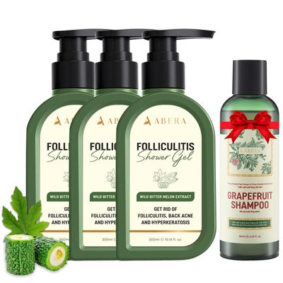 ABERA Folliculitis Shower Gel with Wild Bitter Melon Extract, BHA Shower Gel, Reduces Back Acne & Hyperkeratosis, Smooth Texture, 10.14 fl oz, 3 Boxes + Gift Hair Regrowth Shampoo