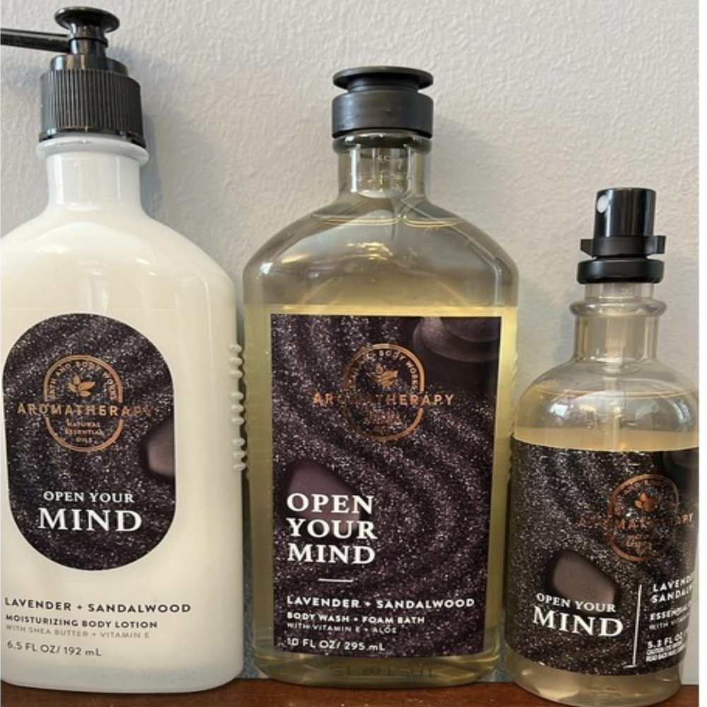 3 OPEN YOUR MIND LAVENDER SANDALWOOD Bath & BODY Lotion Wash Oil MIst