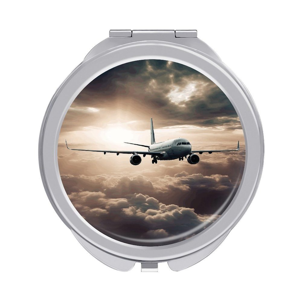 HKMNTGD Travel Compact Makeup Mirror Cute Pocket Round Folding Mirror Airplane Flying in The Air Printed Portable 2 X 1x Magnification Makeup Mirror, Ideal for Handbag, Girls Gift