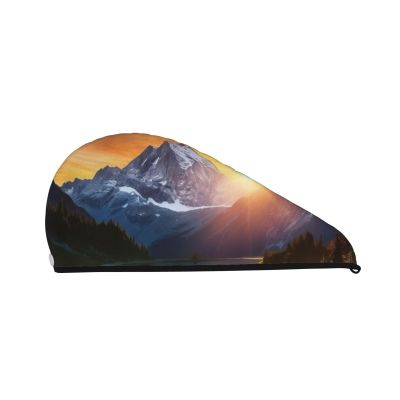 LHBWCVN Mountain Sunrise Hair Towel Wrap for Women Hair Cap Coral Velvet Hair Drying Cap with Button Super Absorbent Hair Drying Towel Quick Dry Hair Turban for Wet Hair Long Thick Hair