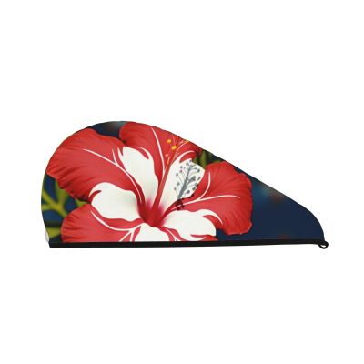 LHBWCVN Hawaii Flower Red Hair Towel Wrap for Women Hair Cap Coral Velvet Hair Drying Cap with Button Super Absorbent Hair Drying Towel Quick Dry Hair Turban for Wet Hair Long Thick Hair