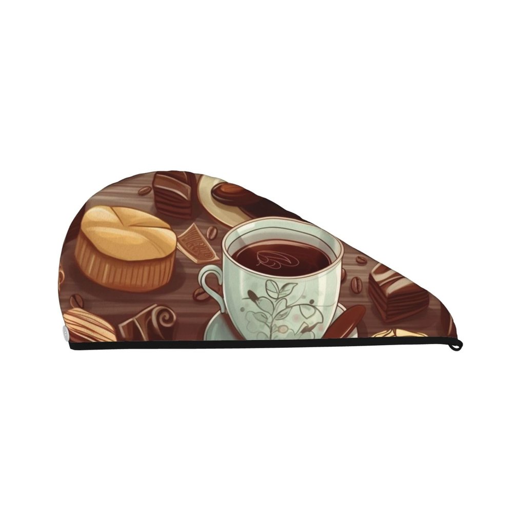 Coffee and Sweets Sugar Chocolate Hair Towel Wrap for Women Hair Cap Coral Velvet Hair Drying Cap with Button Super Absorbent Hair Drying Towel Quick Dry Hair Turban for Wet Hair Long Thick Hair