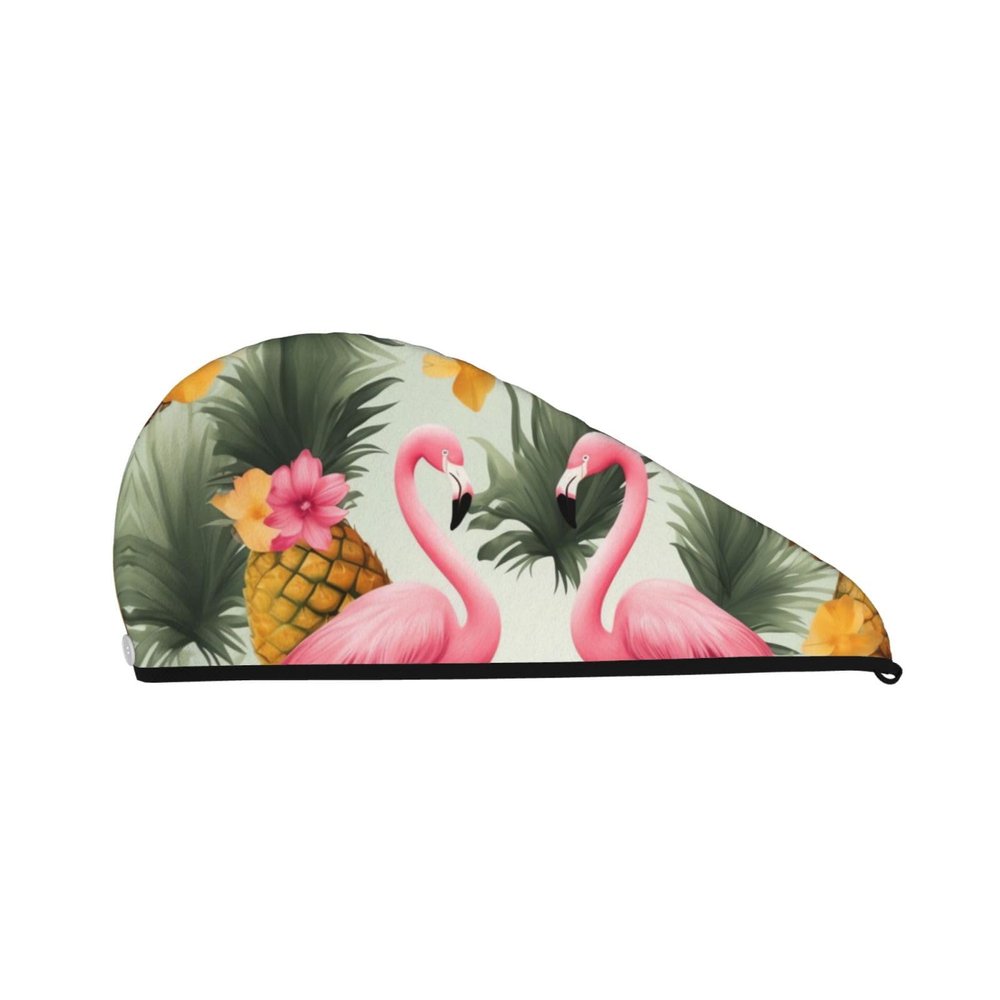 LHBWCVN Flamingos and Pineapples Hair Towel Wrap for Women Hair Cap Coral Velvet Hair Drying Cap with Button Super Absorbent Hair Drying Towel Quick Dry Hair Turban for Wet Hair Long Thick Hair