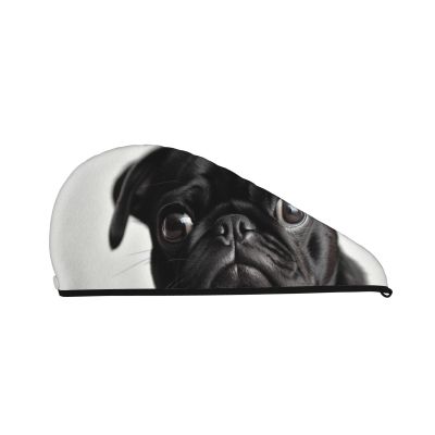 LHBWCVN Cute Black Pug Dog Hair Towel Wrap for Women Hair Cap Coral Velvet Hair Drying Cap with Button Super Absorbent Hair Drying Towel Quick Dry Hair Turban for Wet Hair Long Thick Hair