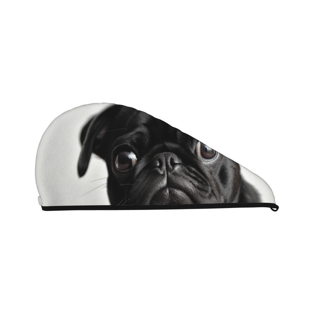 LHBWCVN Cute Black Pug Dog Hair Towel Wrap for Women Hair Cap Coral Velvet Hair Drying Cap with Button Super Absorbent Hair Drying Towel Quick Dry Hair Turban for Wet Hair Long Thick Hair