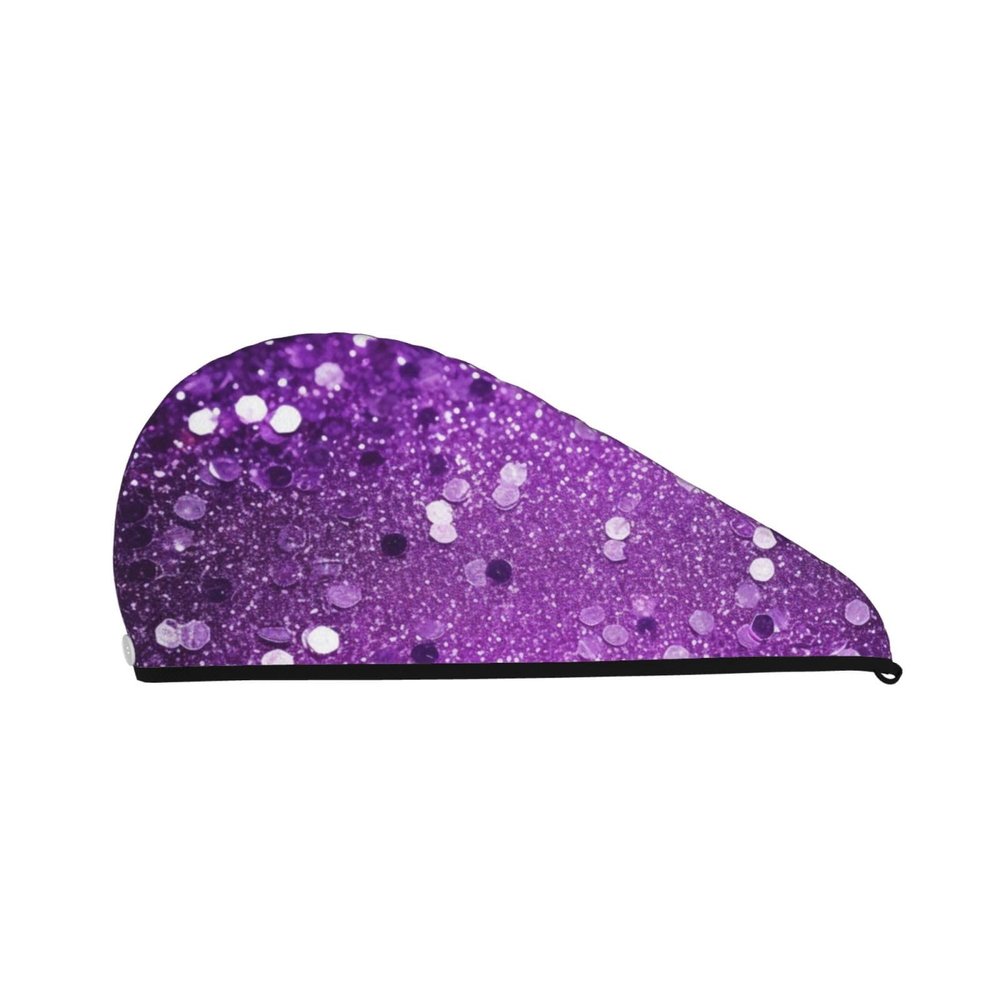 LHBWCVN Sparkling Purple Glitter Hair Towel Wrap for Women Hair Cap Coral Velvet Hair Drying Cap with Button Super Absorbent Hair Drying Towel Quick Dry Hair Turban for Wet Hair Long Thick Hair