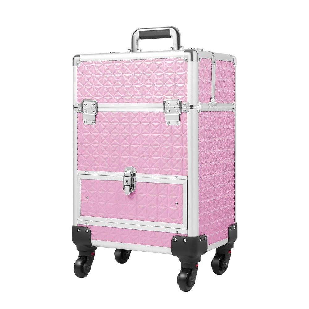 3 in 1 Makeup Rolling Train Case, Cosmetic Travel Trolley Storage Sliding Drawer 4 Tray Professional Cosmetic Organizer Box with 3 Keys Swivel Wheels for Make Up Hairstylists Nail Tech (Pink)