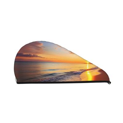 Beautiful Tropical Sunrise on The Beach Hair Towel Wrap for Women Hair Cap Coral Velvet Hair Drying Cap with Button Super Absorbent Hair Drying Towel Quick Dry Hair Turban for Wet Hair Long Thick Hair