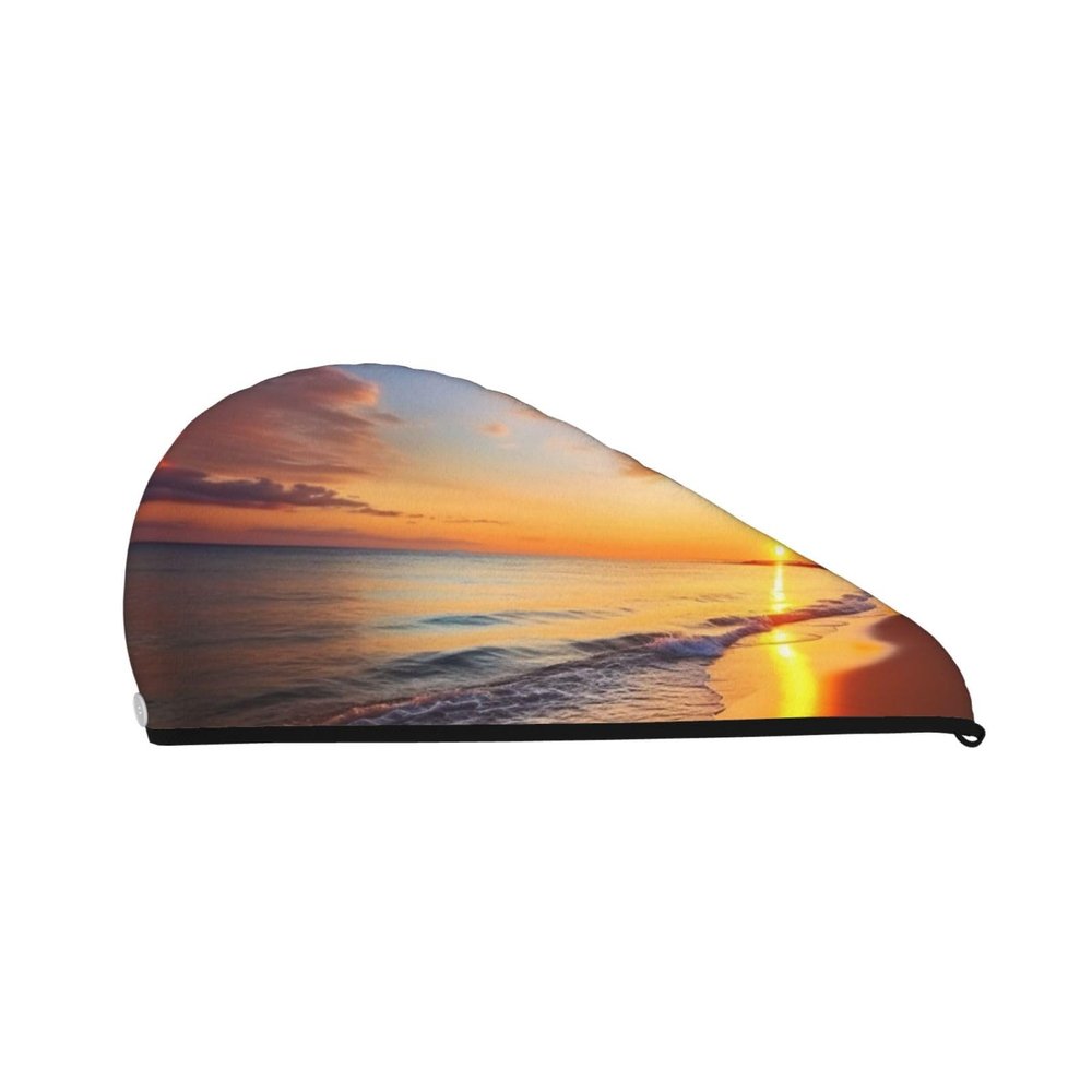 Beautiful Tropical Sunrise on The Beach Hair Towel Wrap for Women Hair Cap Coral Velvet Hair Drying Cap with Button Super Absorbent Hair Drying Towel Quick Dry Hair Turban for Wet Hair Long Thick Hair