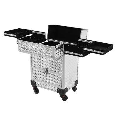 3 in 1 Makeup Rolling Train Case, Cosmetic Travel Trolley Storage Sliding Drawer 4 Tray Hairstylist Organizer Box with 3 Keys Salon Barber Case Traveling Cart Trunk for Hairstylists Nail Tech (Silver)