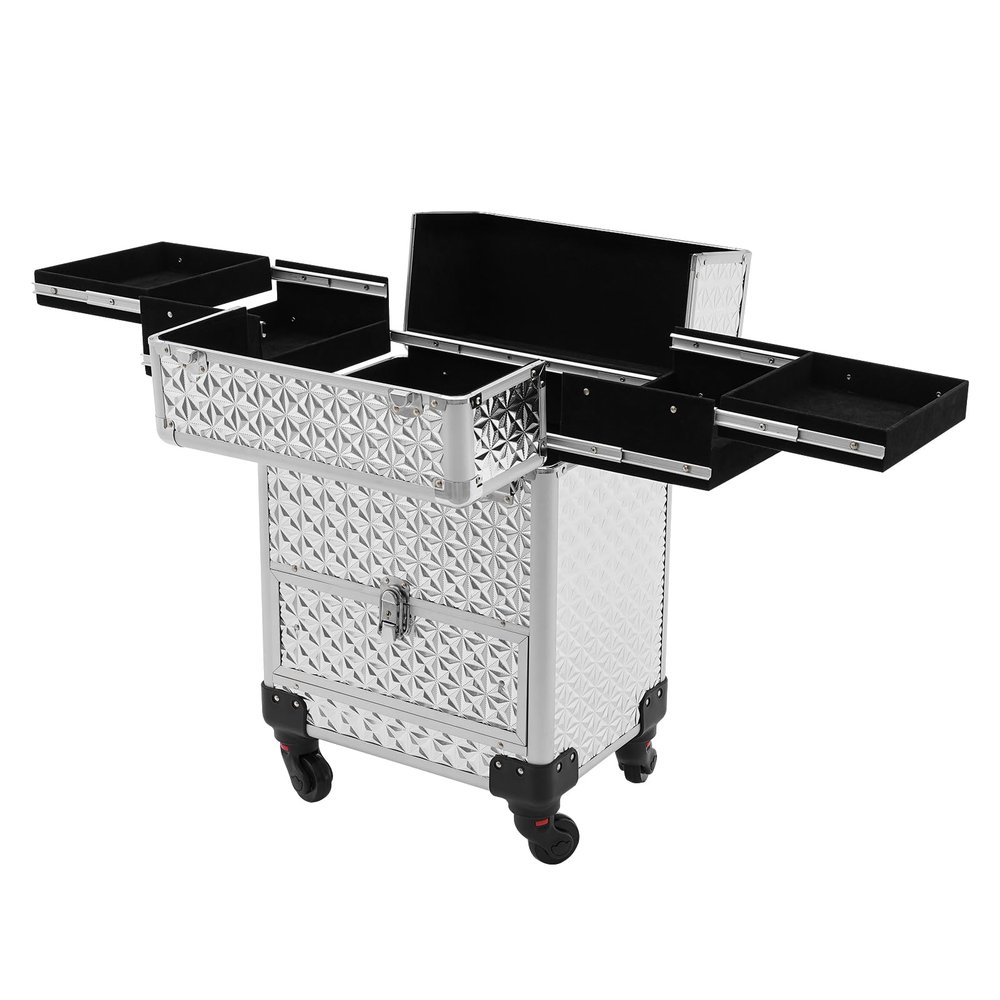 3 in 1 Makeup Rolling Train Case, Cosmetic Travel Trolley Storage Sliding Drawer 4 Tray Hairstylist Organizer Box with 3 Keys Salon Barber Case Traveling Cart Trunk for Hairstylists Nail Tech (Silver)