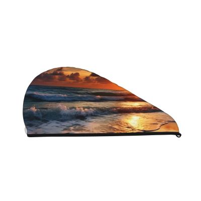 LHBWCVN Beach Sunrise Hair Towel Wrap for Women Hair Cap Coral Velvet Hair Drying Cap with Button Super Absorbent Hair Drying Towel Quick Dry Hair Turban for Wet Hair Long Thick Hair