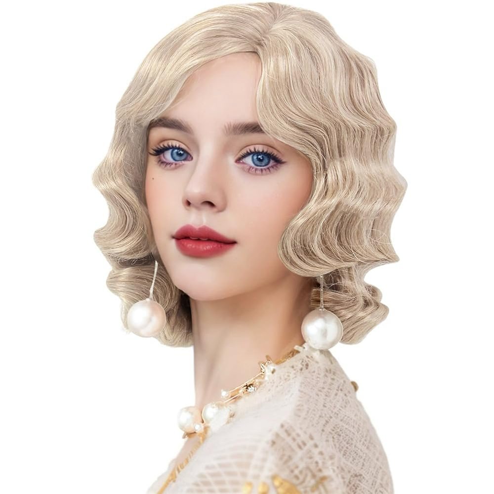 Dai Cloud Blonde 1920s Wig for Women Long Finger Wave Party Hair Synthetic Full Vintage Blonde Wigs for Womens Lady Cosplay Costume Fancy Dress Flapper Wig