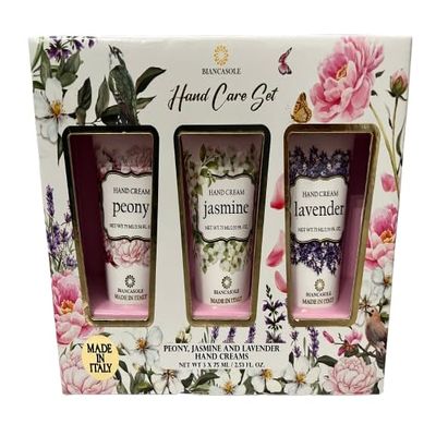 Biancasole Hand Care Set, Peony, Jasmine and Lavender Hand Creams, Made in Italy, 3 Pack 2.53 fl oz each; Gift Ideas; Gift Set; Holiday Gifts. Hand Care Set
