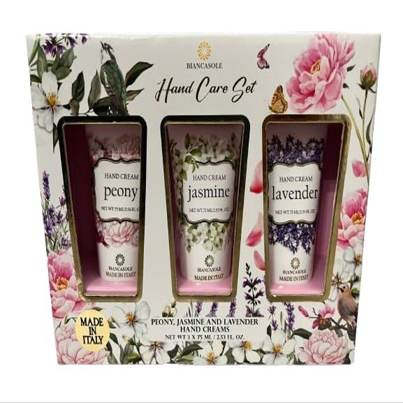 Biancasole Hand Care Set, Peony, Jasmine and Lavender Hand Creams, Made in Italy, 3 Pack 2.53 fl oz each; Gift Ideas; Gift Set; Holiday Gifts. Hand Care Set