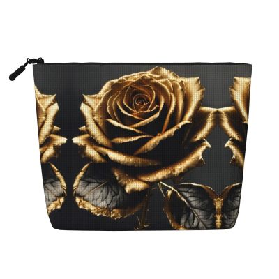 LNNIUK black and gold flowers print Makeup Bags for Purse Zipper Cosmetic Pouch Large Travel Canvas Make Up Organizer