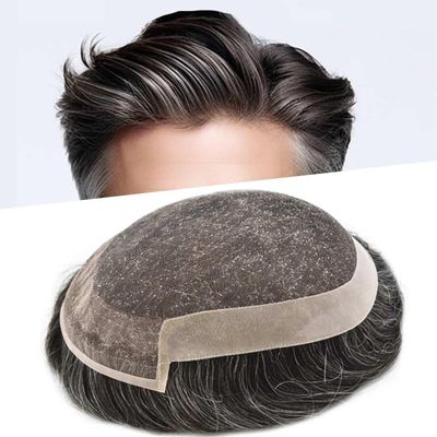 PUNRU HAIR Mens Hair System Hair Piece Human Hair Toupee for Men Hair Replacement Systems Swiss Lace Mens Toupee Hairpieces Natural Hairline 6X8#230#2 Darkest Brown+30% Grey 120% Density