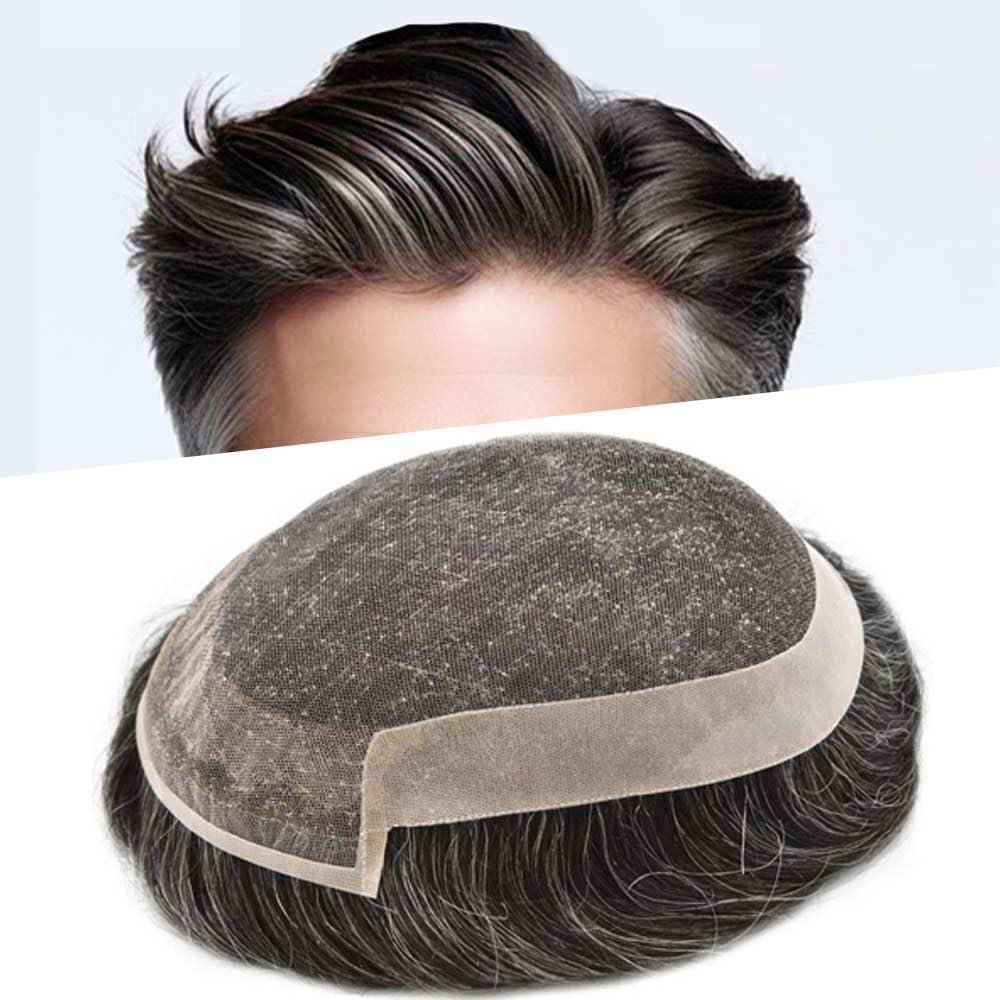 PUNRU HAIR Mens Hair System Hair Piece Human Hair Toupee for Men Hair Replacement Systems Swiss Lace Mens Toupee Hairpieces Natural Hairline 6X8#230#2 Darkest Brown+30% Grey 120% Density